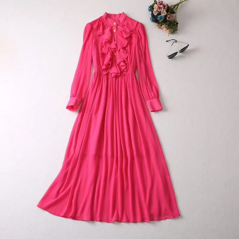 

European and American women's wear for winter 2022 Long-sleeved stand-up collar with flounces Fashion rose pleated dress XXL