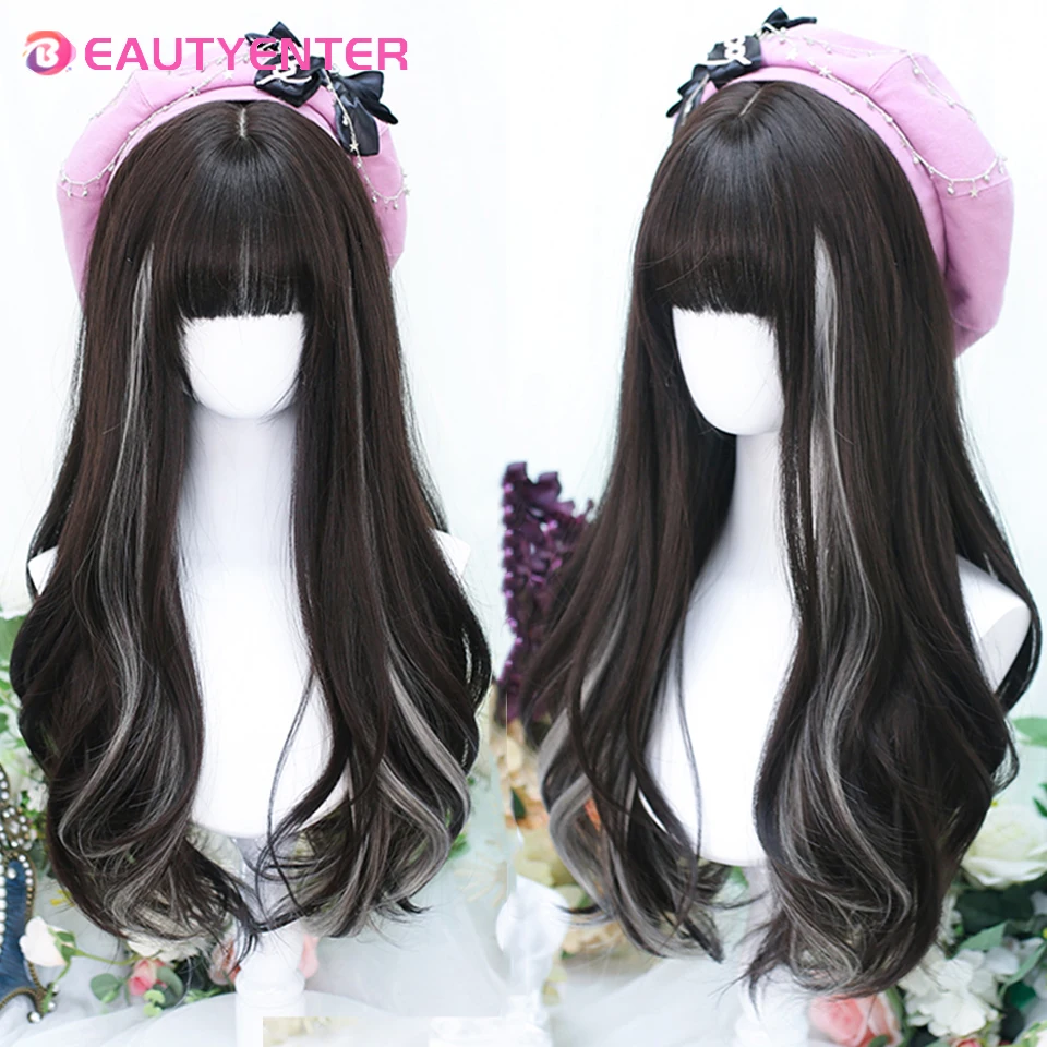 

BEAUTYENTERWomen Synthetic Lolita Wig Long Wave Ombre Tone Brown Black Highlight Grey Hair For Cosplay With Bangs