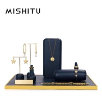 mishitu blue pu leathermetal jewelry counter display set props shop cabinet display for necklace earrings ring bracelet