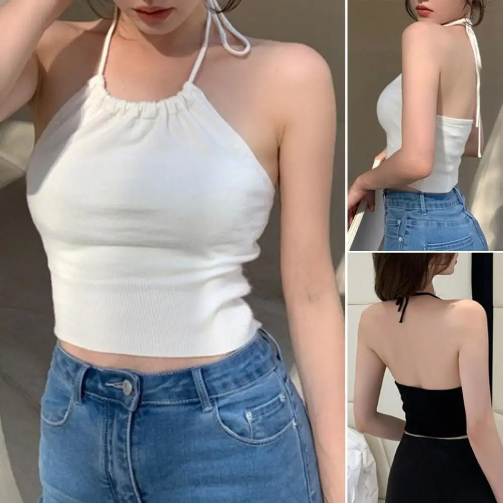

Women Shirt Vintage Ribbed Knitted Tank Halter Vest U Neck Slim Fit Sexy Tie Belt Decor Lady Vest Women Clothing Sleeveless Vest