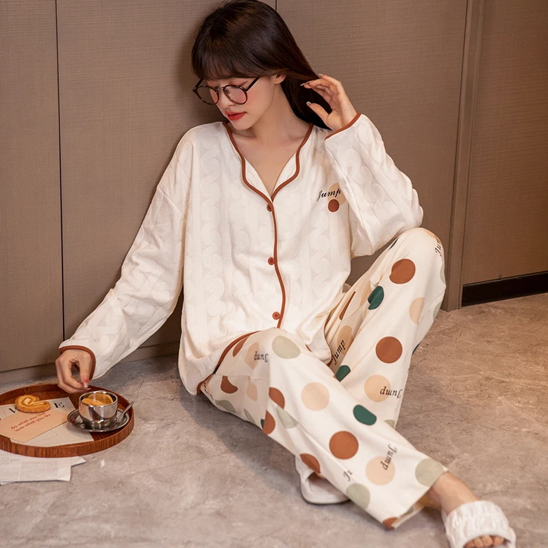 CAIYIER New Winter Women Jacquard Pattern Nightwear Korean Kawaii Love Sleepwear Long Sleeve Pijama Mujur Sexy Feamle Homewear