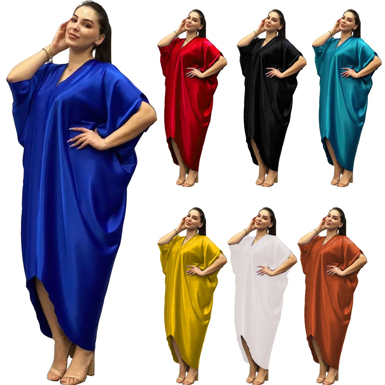 Shiny Silky Satin Loose Abaya African Dresses For Women V Neck Dolman Sleeves Maxi Muslim Dresses 2022 Spring Summer Vestidos