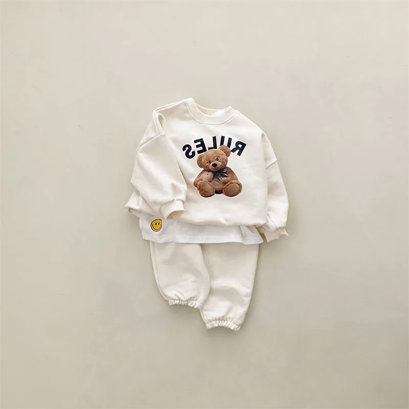 

Детский хлопковый костюм для девочек, однотонный пуловер с принтом медведя и надписью «Smile», одежда для бега, весна-осень 2023