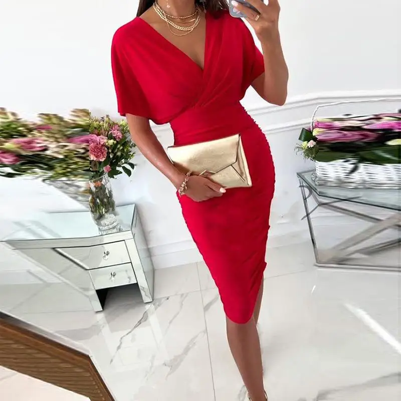 

Women's Clothing Autumn Winter 2022 New Elegant Slim Solid Color Sheath V-neck Dress Fashion Casual High Waist Short Sleeve