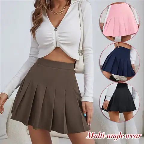 Women Mini Skirt Pleated Skirt Summer Clothes High Waist Chic Skirt College Solid Color Sweet A-line Skirt School Girl Uniform