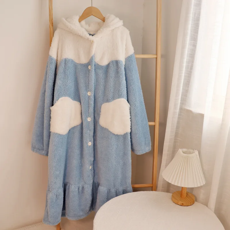 Women Winter Warm Fleece Nightgown Cute Kawaii Sleepwear Cartoon Big Eared Dog Pajamas Set Homewear Thick Flannel Nightdress Set