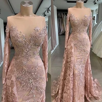 dust pink mermaid evening dress lace applique womens prom gowns long sleeves elegant party dresses vestido de novia