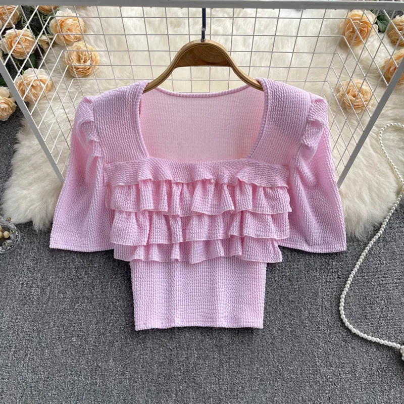 

Женская плиссированная рубашка, летняя блузка с квадратным вырезом и пышными рукавами, модель 2022, 2022