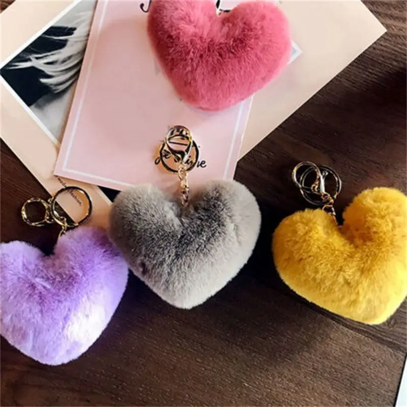 

Key Chain Pendant Keyring Heart Shape Jewelry Gift Faux Fur Pom-pom Fluffy