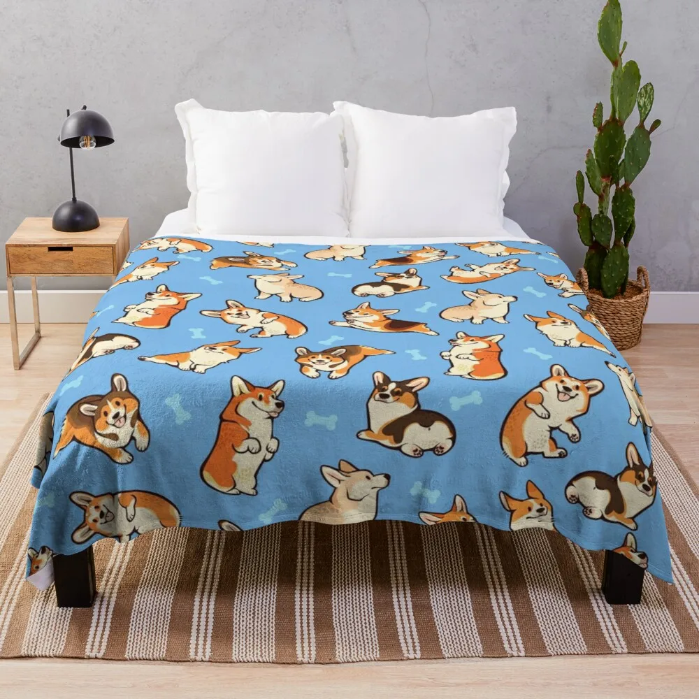

Jolly corgis in blue Throw Blanket custom blankets thermal blankets for travel blanket luxury brand