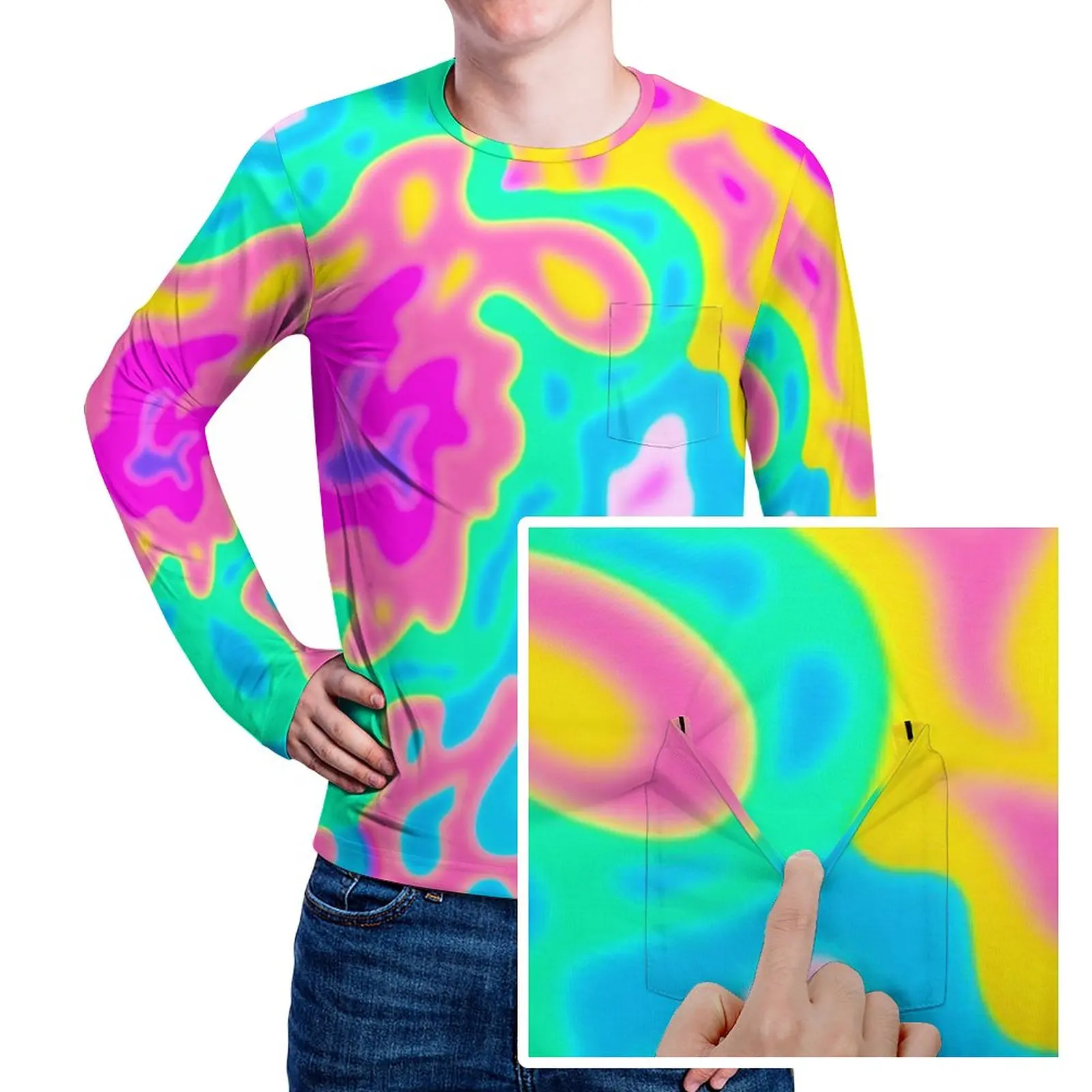 

Абстрактная неоновая футболка с карманом, разноцветный дизайн, ретро футболки, мужская забавная футболка, топы с длинными рукавами и принто...