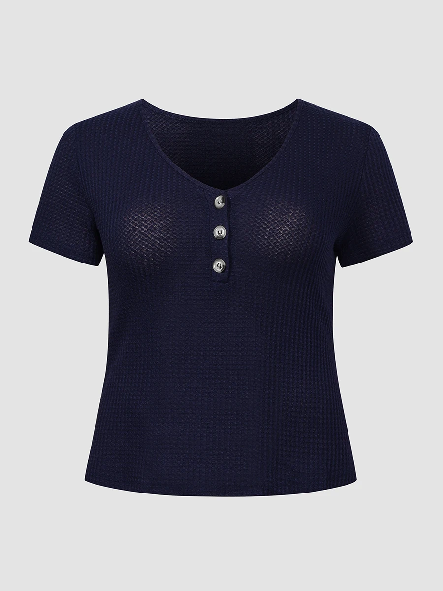 Finjani Plus Size Button Placket V-Neck Knit Tee For Women 2022 Summer Solid Top