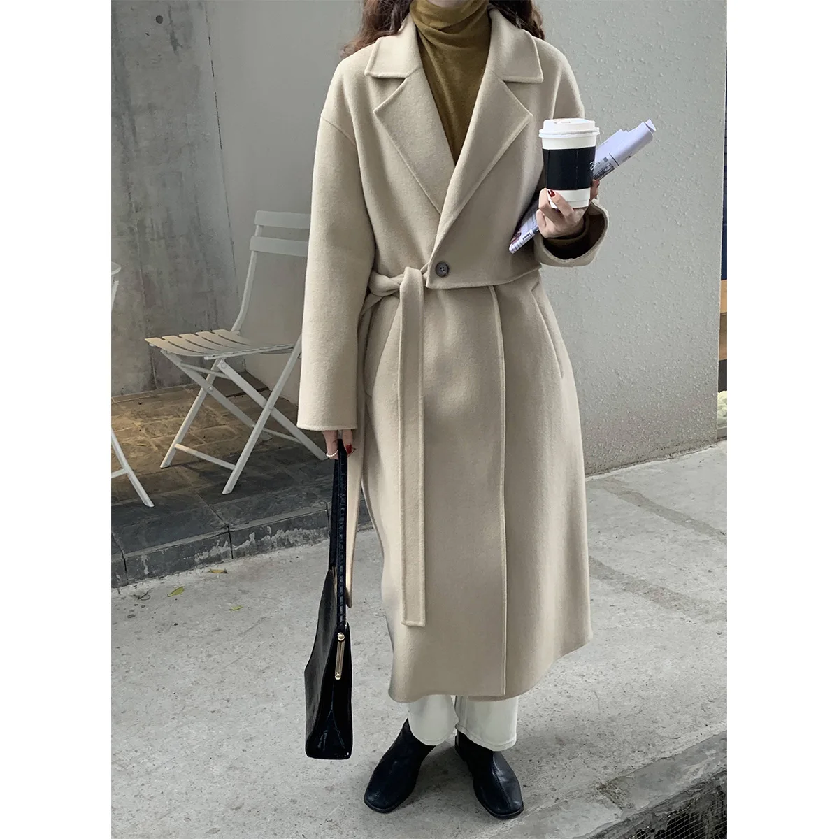 

Корейский дизайн, Классические роскошные женские коричневые кашемировые пальто ручной работы из натуральной шерсти, верхняя одежда