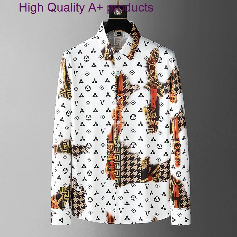 

2023 Fashion Polka Dots Printed Shirts for Men Long Sleeve Casual Business Dress Shirt Social Party Tuxedo Blouse Chemise Homme