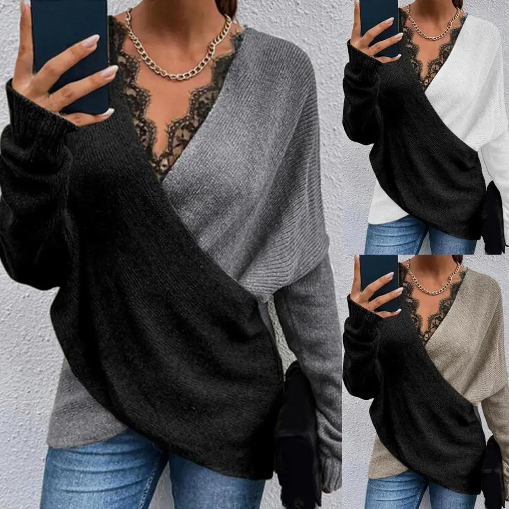 

Casual Pullover Loose Female Sweater Temperament Contrast Color Pullover