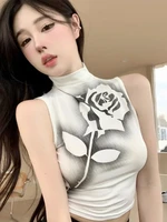 y2k korean fashion girl rose flower tank tops short black white sleeveless crop top summer harajuku basic casual t shirt street