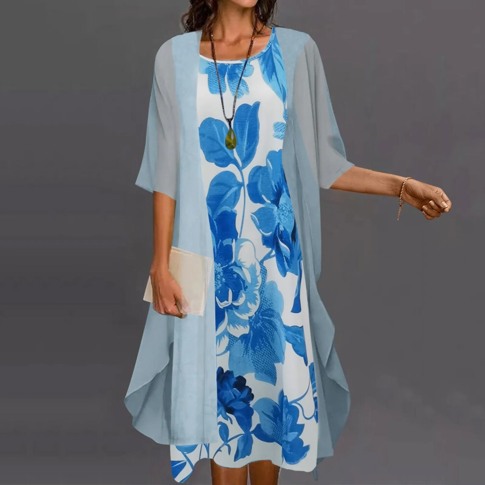 

Женское Повседневное платье с принтом, платье с V-образным вырезом и поясом, шифоновый кардиган с коротким рукавом и шалью, комплект из двух ...