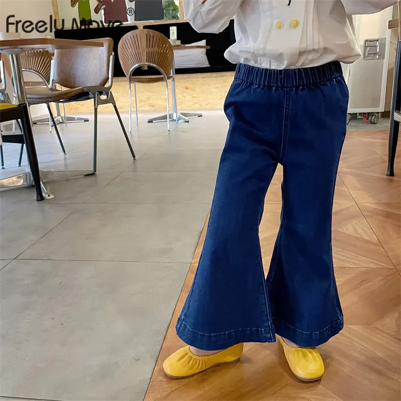 

Freely Move 2022 Autumn New Baby Girls Denim Trousers Solid Color Elastic Kids Jeans Korean Style Loose Children Flared Pants