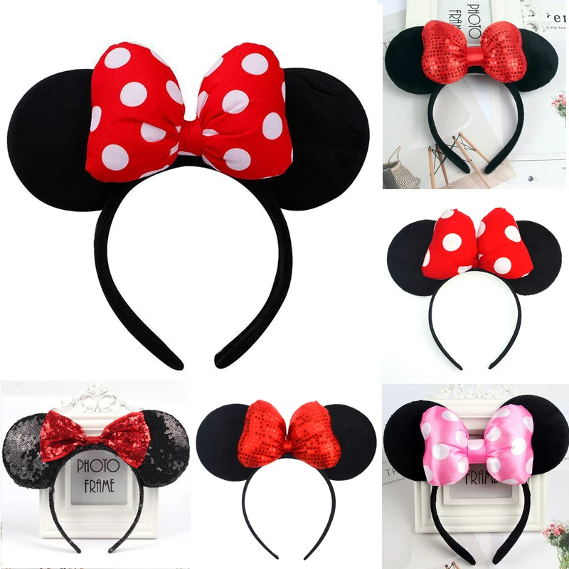 

Disney Mickey Minnie Mouse Headband Cosplay Headdress Cute Sequins Bow Cartoon Party Hair Accessories Toys for Adult Kids Gifts