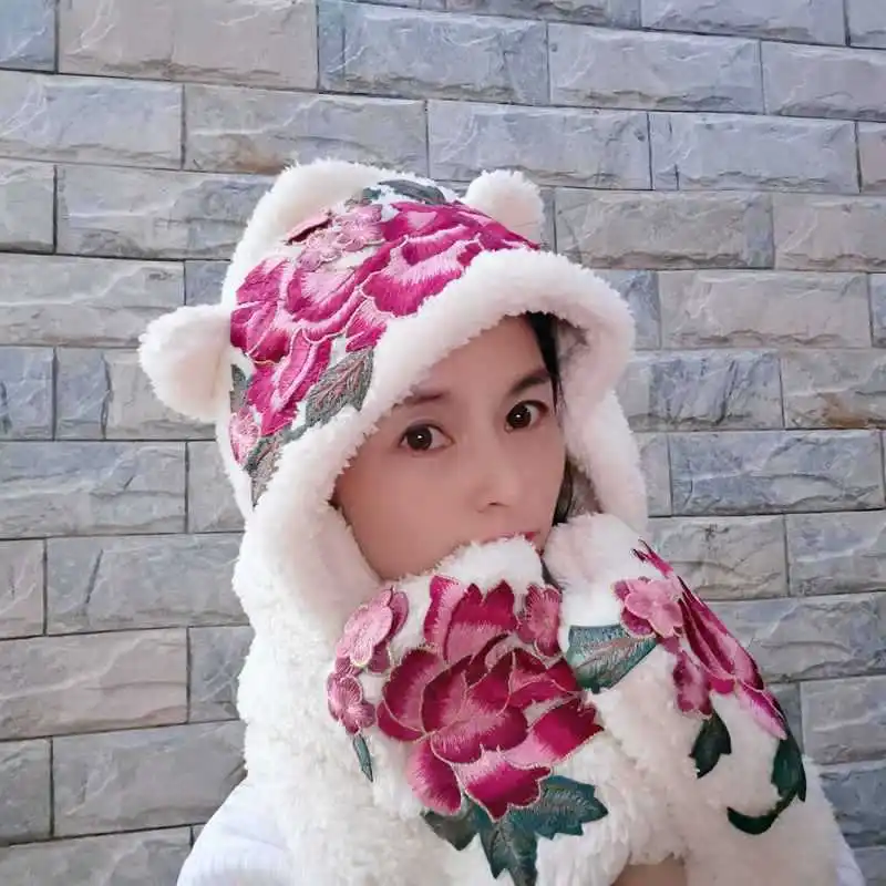 

Folk embroidery flowers nodding MAO winter wind cycling warm earmuffs hat scarf towel gloves three-piece suit