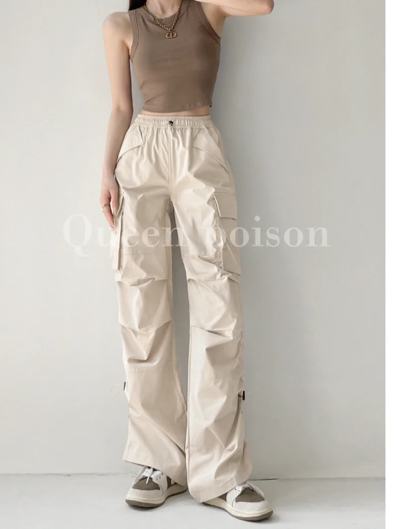 

TVVOVVIN 2023, эластичная талия, прямые трубы, спецодежда, брюки для женщин, свободные широкие брюки с кулиской, плиссированные брюки U31M