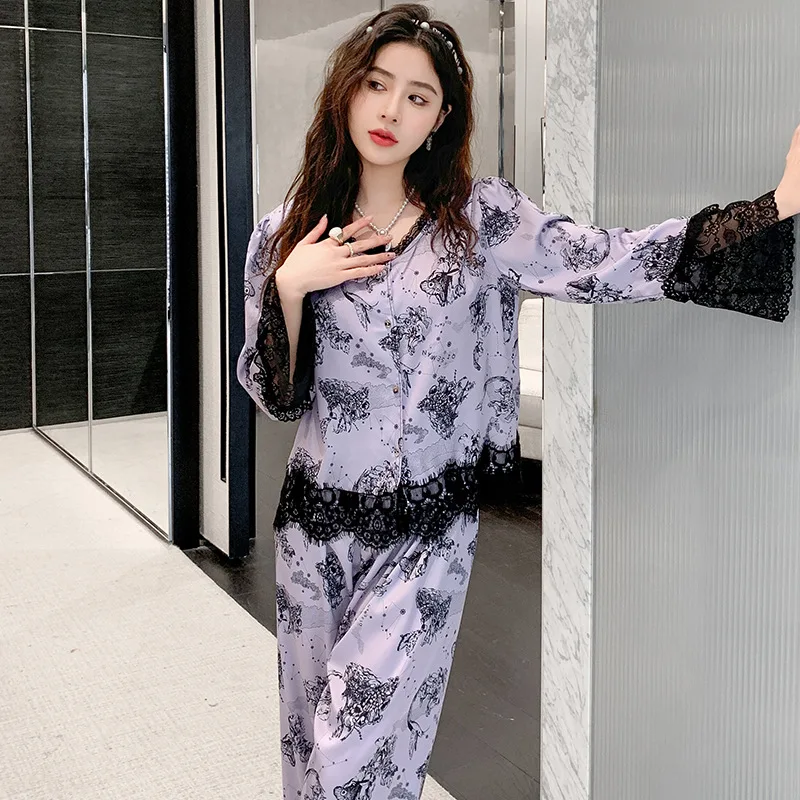 

Sexy Lace Trim O-Neck Printed Satin Long Sleeve Shirt Pants Loose Soft Sleepwear Nightwear Women Pajamas Homewear