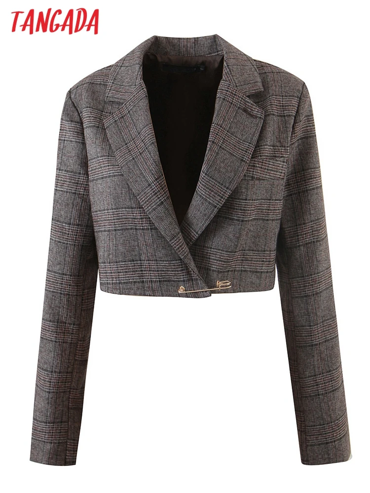 

Tangada Women Vintage Plaid Short Blazer Female Long Sleeve Elegant Jacket Ladies Crop Blazer Suits 1J53