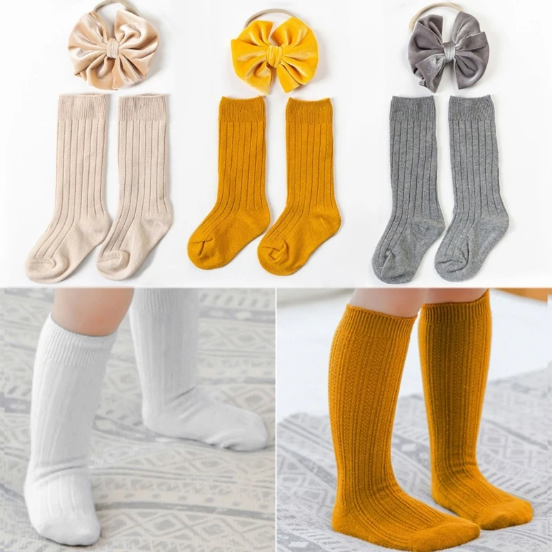 

Baby Socks and Bowknot Headband Kit Knee High Socking Solid Color Warmer Socks Dropshipping
