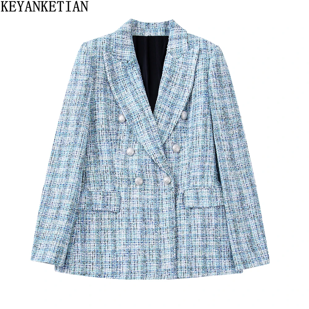 

KEYANKETIAN Women's textured double-breasted suit Fall/Winter new commuter Classic tweed sky blue coat Mujer top