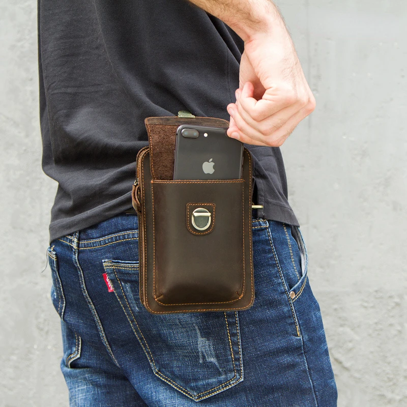 Men's Waist Packs Casual Retro Genuine Cow Leather Cross Belt Hasp Mobile Pocket Shoulder Bag
