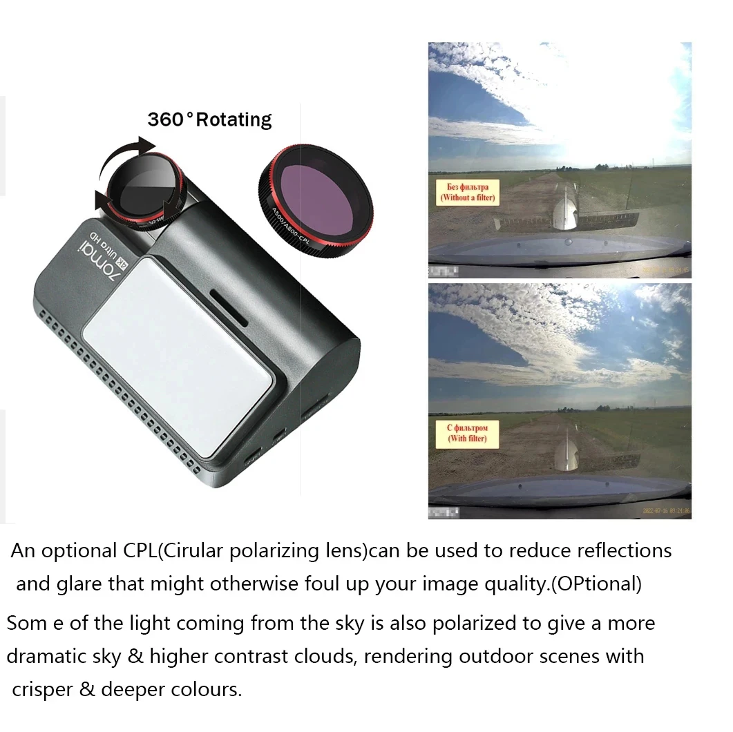 Круговой поляризационный фильтр для 70mai Dash Cam 4K A800s CPL filter Glas Filter for A800S