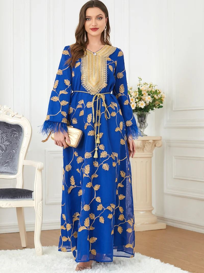 Moroccan Embroidered Kaftan Gulf Jalabiya for Women Feather Blue Evening Dresses Arabic Formal Gowns Muslim Ramadan Eid Abaya