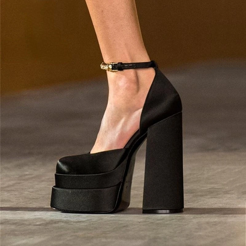 

New Style Luxury Satin Women Pumps Spring Summer Crystal Buckle Platform Wedges High heels Female Party Prom Chunky Shoes