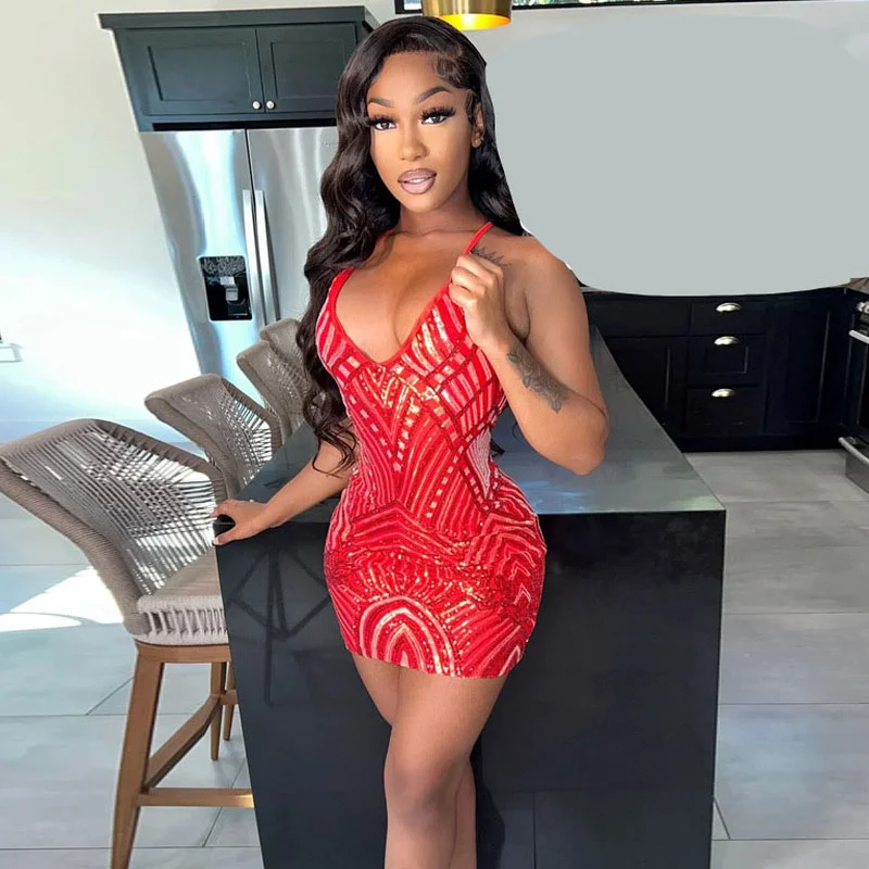 WUHE Halter V-образный вырез облегающее мини-платье с блестками летние женские