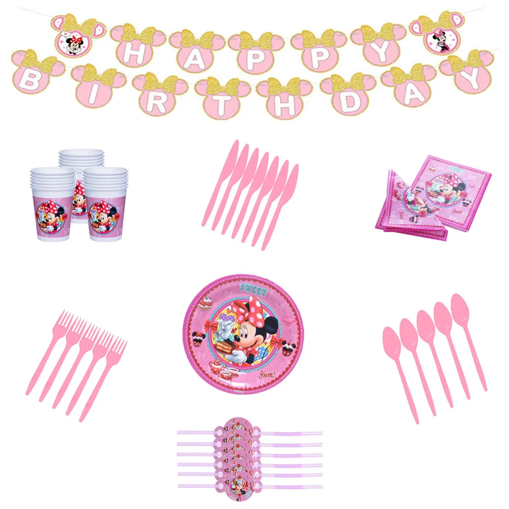 

Disney Minnie Themed Birthday Party Supplies Cups Plates Kids Girls Birthday Party Decorations Baby Shower Disposable Cutlery Se