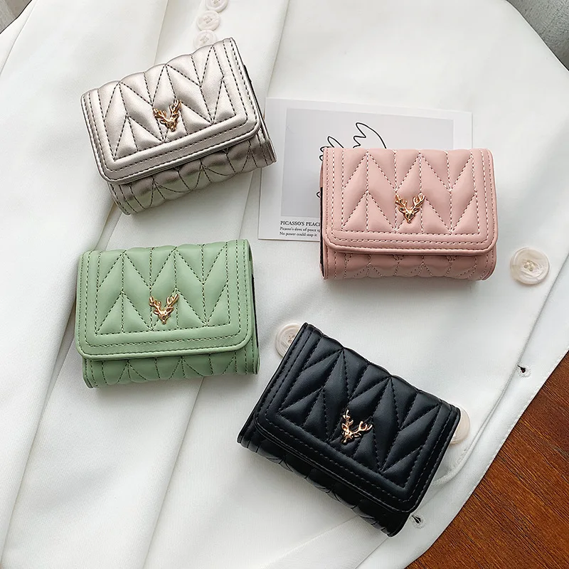 

2023 Summer New Casual Lingge Hand Wallet Soft Texture Embroidered Thread Multi-card Purse Personalized Deer Head Card Holder