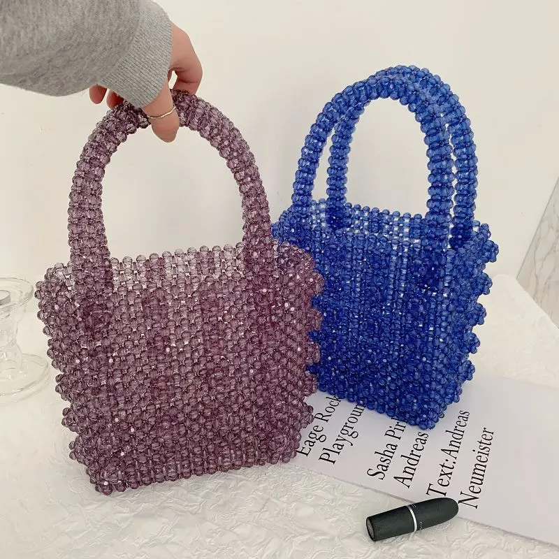 Handmade Blue Acrylic Crystal Clear Beaded Tote for Women 2022 Luxury Design Lady Evening Party Handbag Pearls Bag Beaded Female