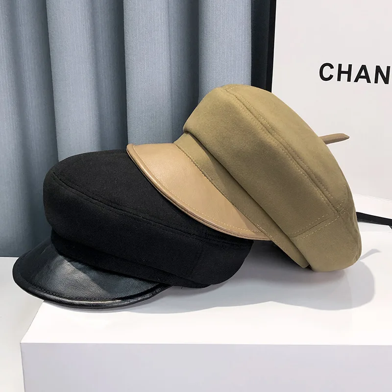 

2022 Women's Leather Brim Beret Autumn and Winter Stitching Woolen Newsboy Hat Women's Japanese Retro Female Hip Hop Painter Hat