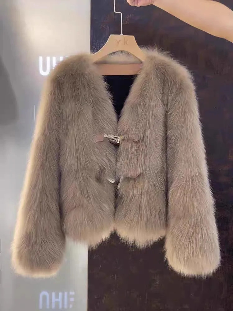 Женское пальто из лисьего меха и травы осенне-зимний новый стиль дизайн с пряжкой