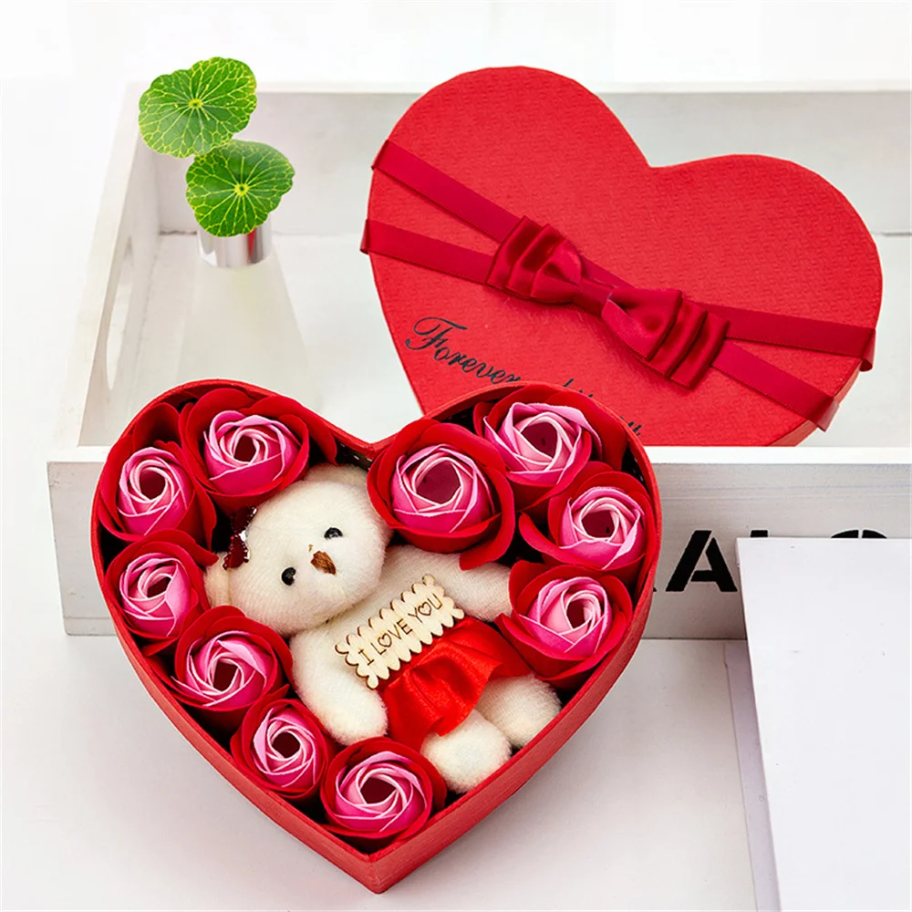 

10 Flowers Soap Flower Rose Gift Box Valentines Day Plush Bears Bouquet Wedding Decora Festival Heart-shaped Box for Girlfriend