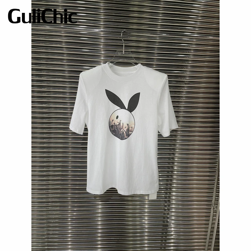 

1.6 GuliChic Women Fashion Simple Cartoon Print Round Neck Short Sleeve Cotton White T-Shirt