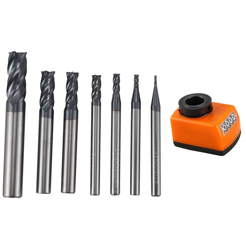 

GTBL 7Pcs 4 Flutes End Mill Set 50 Degree & 1PCS 14Mm Position Indicator Counter 4-Digit Position Display Digital Position