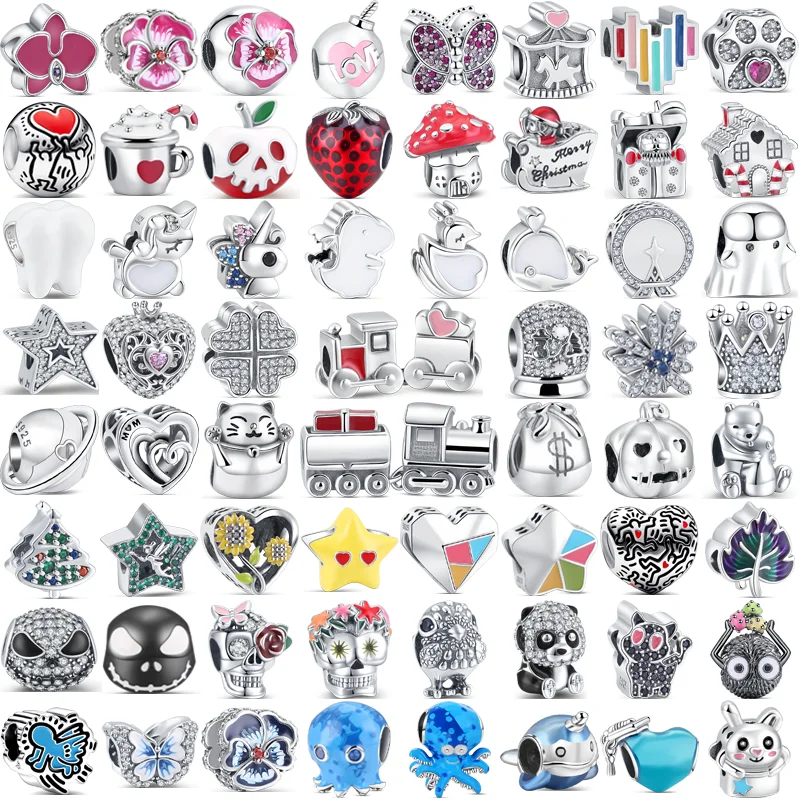 Браслет Pandora женский из серебра 925 пробы, с цветком, поездом, астероидом, единорогом и скелетом Браслет Pandora женский из серебра 925 пробы, с цветком, поездом, астероидом, единорогом и скелетом