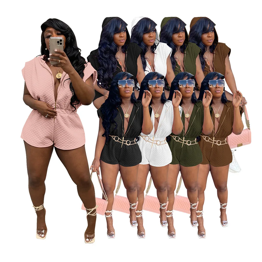 

Summer Hooded Jumpsuit Women Fashion Zipper Solid One Piece Shorts Casual Sports Rompers Female