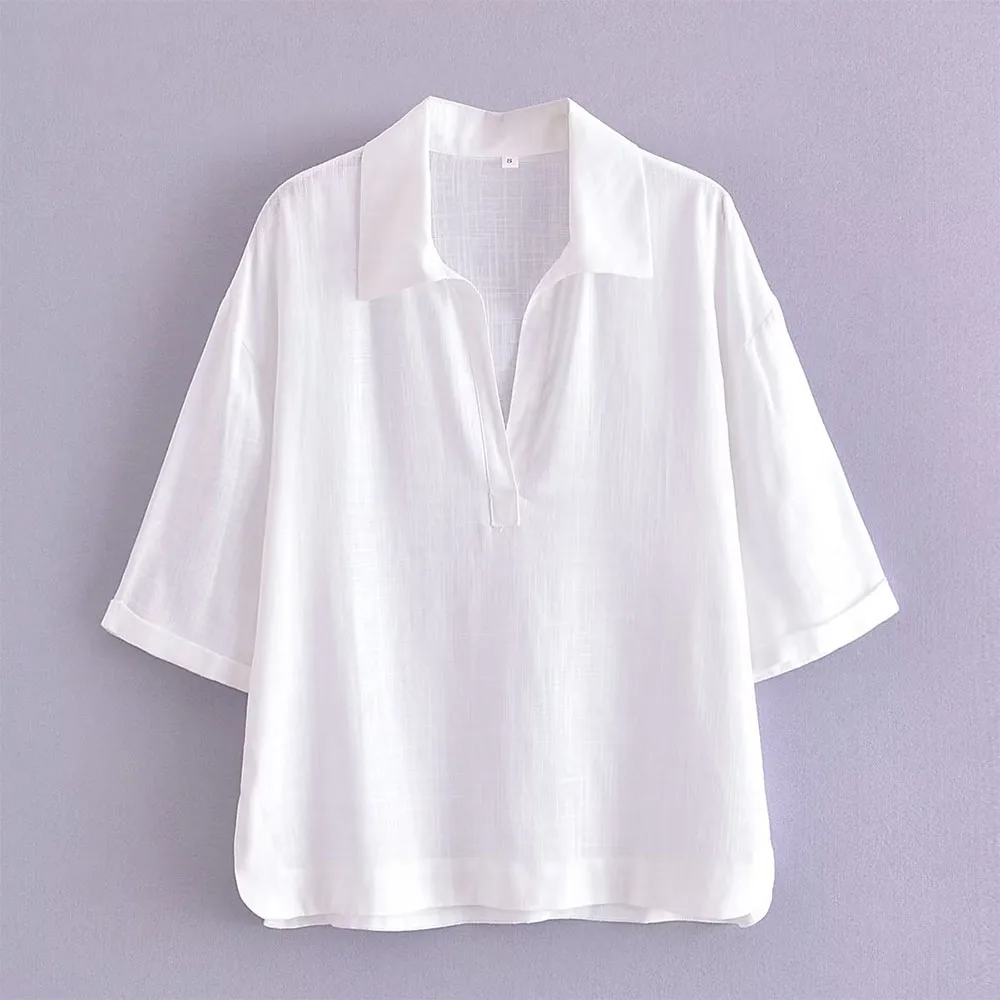 

Early autumn new fashion women's temperament casual all-match lapel midi sleeve white linen blend shirt