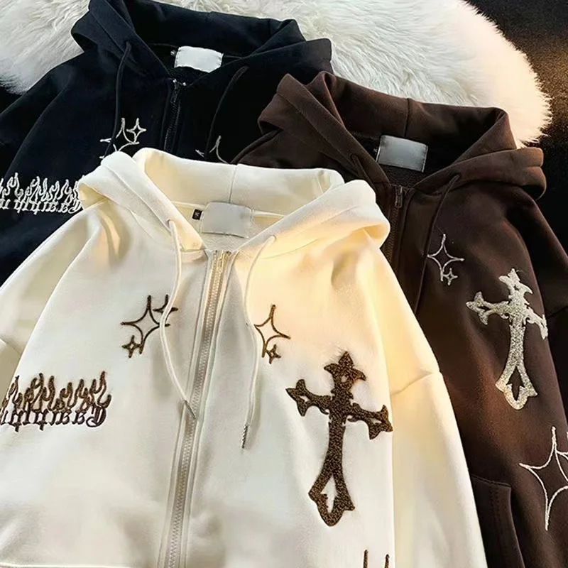 

2022 New High Street cross print zipper cardigan hoodie Spring and autumn hip hop couple's top