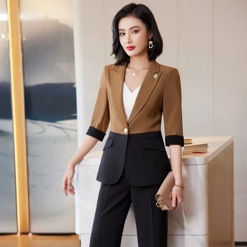 IZICFLY New Style 2023 Summer Half Blue Black Patchwork Business Suits Slim Office Blazer Pant Sets For Women Work Wear Uniform