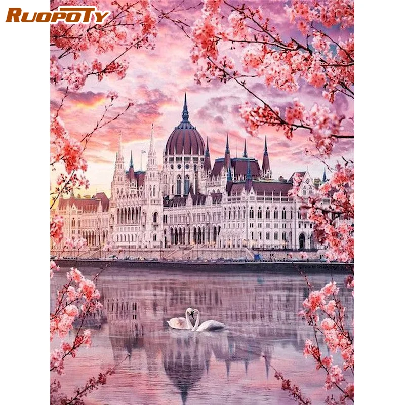 

RUOPOTY Frame Painting By Numbers Cherry Blossom Canvas Drawing Paint Kits HandPainted Modern Home Artcraft 60x75cm