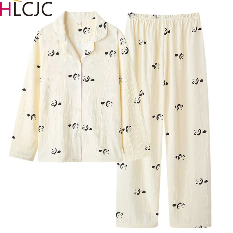 

Новинка, пижамный комплект, Осенний мягкий хлопковый кардиган из крепа, одежда для сна, пижама с лацканами для девочек, Женская домашняя одежда, женская пижама большого размера