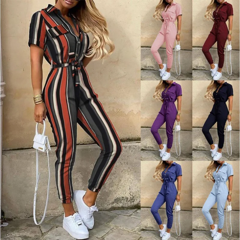 

Explosive European and American women's casual lapel printed belt workwear jumpsuit